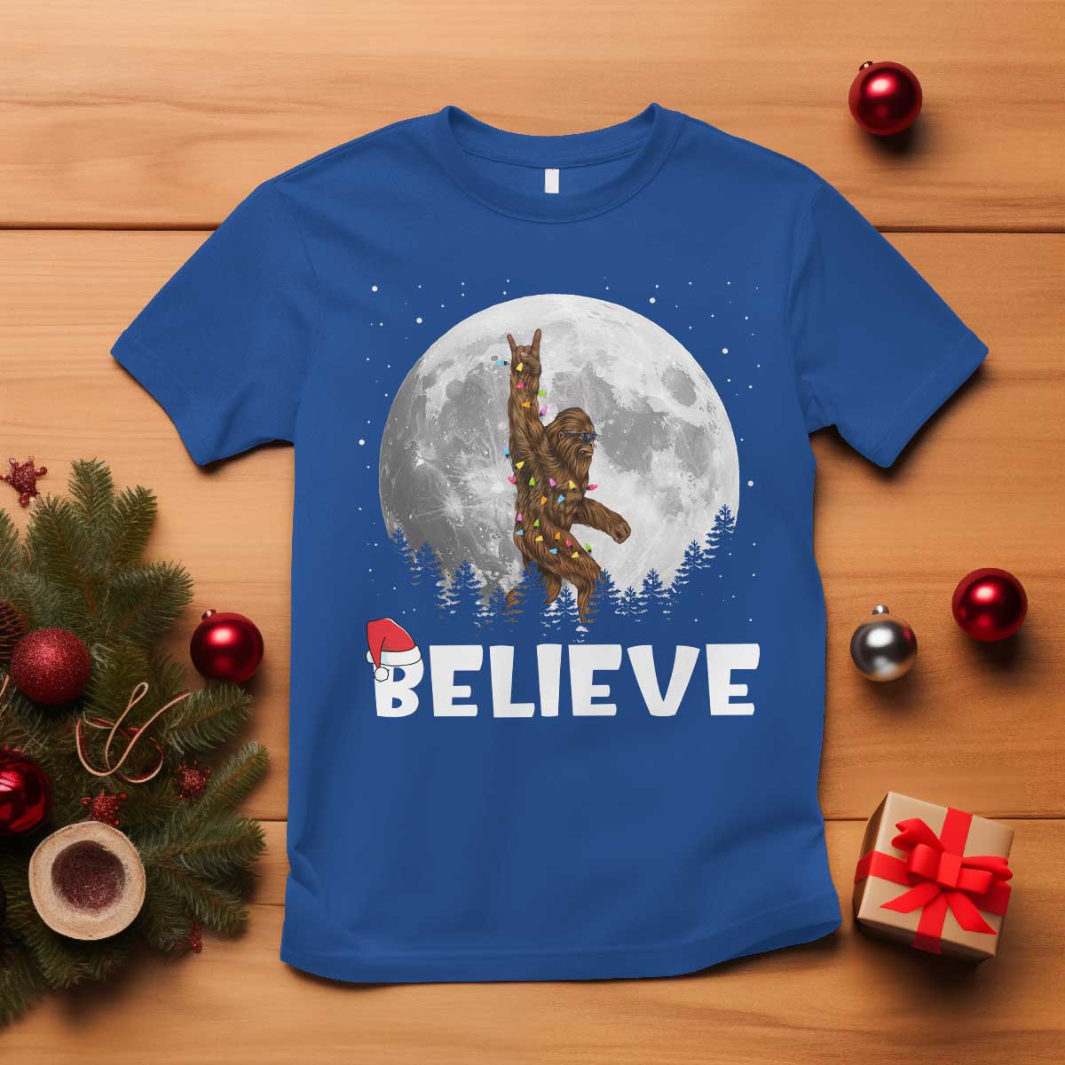 funny-bigfoot-christmas-t-shirt-cool-full-moon-trees-sasquatch-xmas-lights