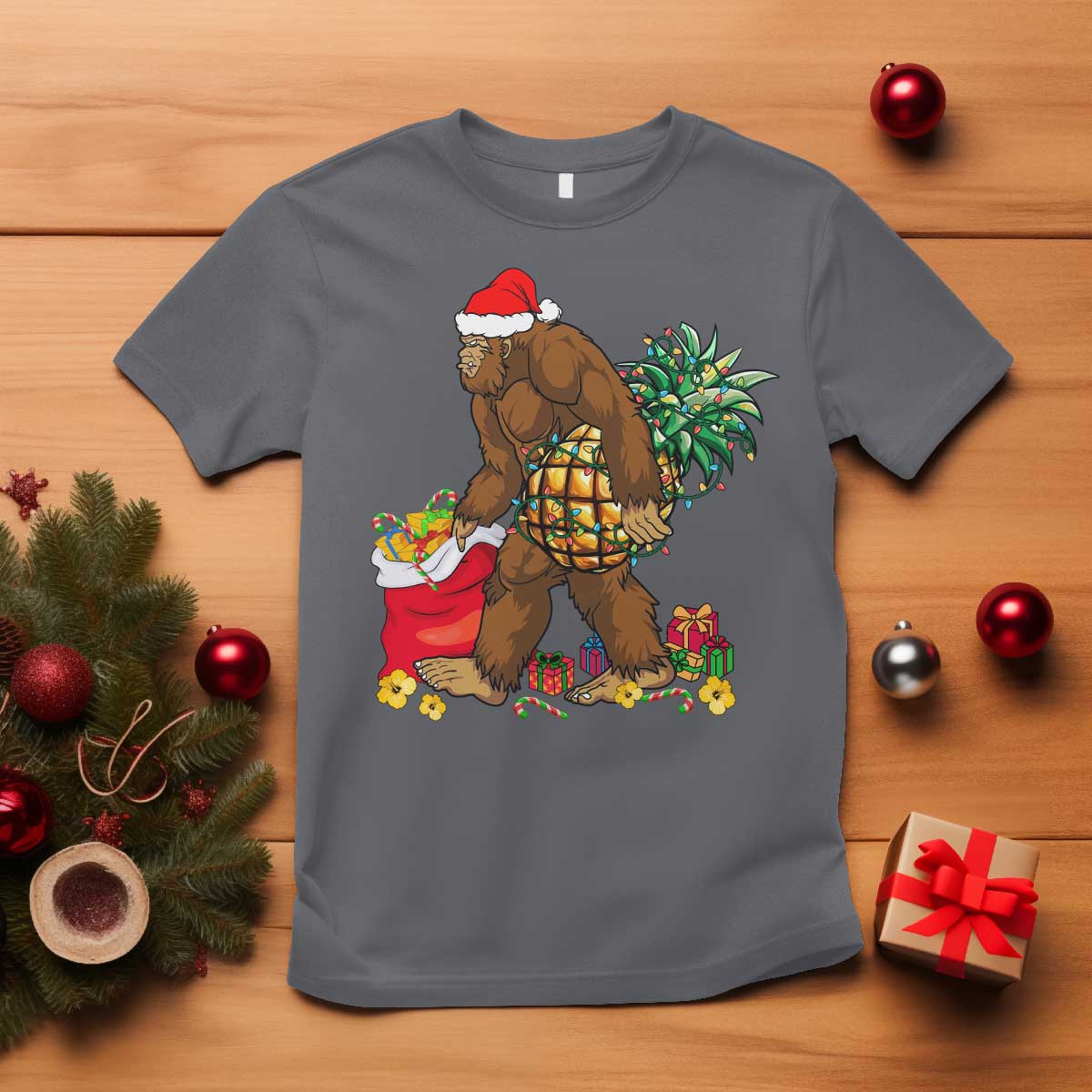bigfoot-christmas-t-shirt-pineapple-tree-lights-funny-hawaiian-xmas-sasquatch-lovers
