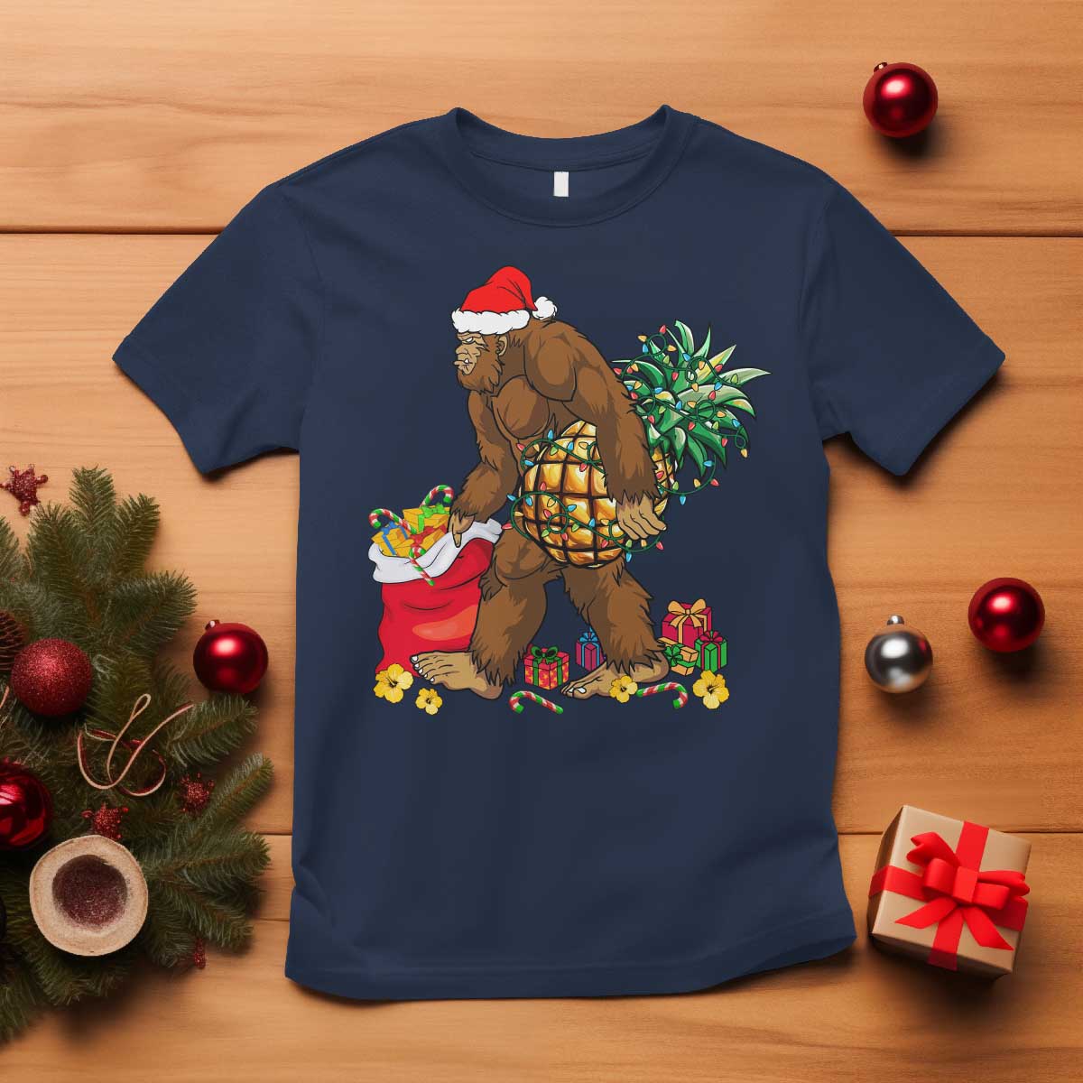 bigfoot-christmas-t-shirt-pineapple-tree-lights-funny-hawaiian-xmas-sasquatch-lovers