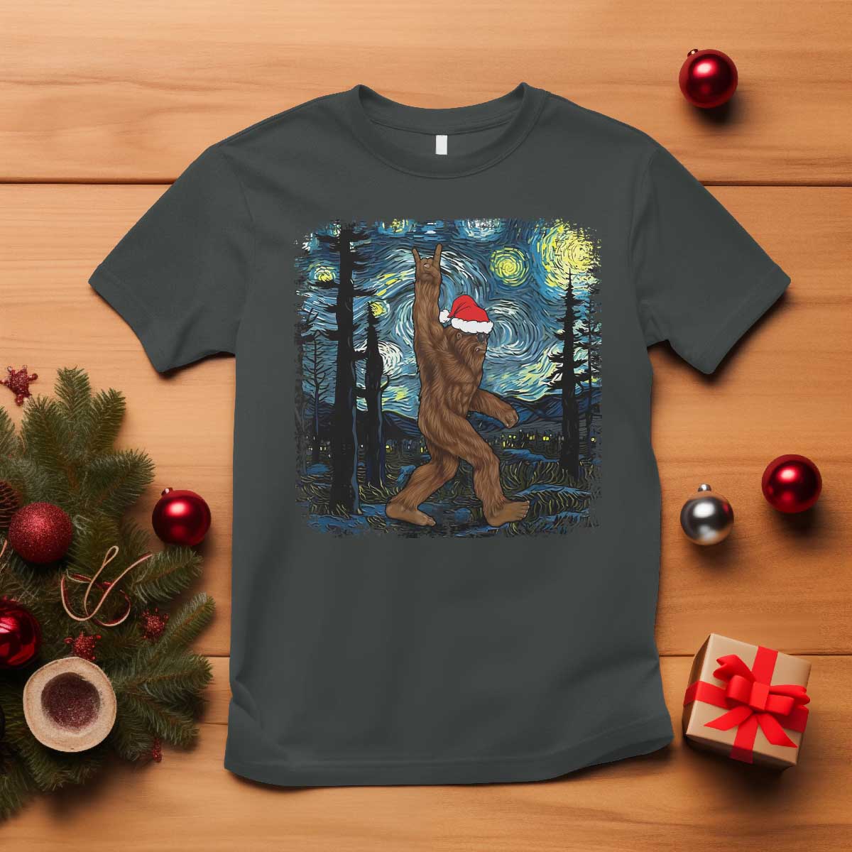christmas-bigfoot-starry-night-t-shirt-sasquatch-santa-hat-sasquatch-van-gogh-sky-painting-art