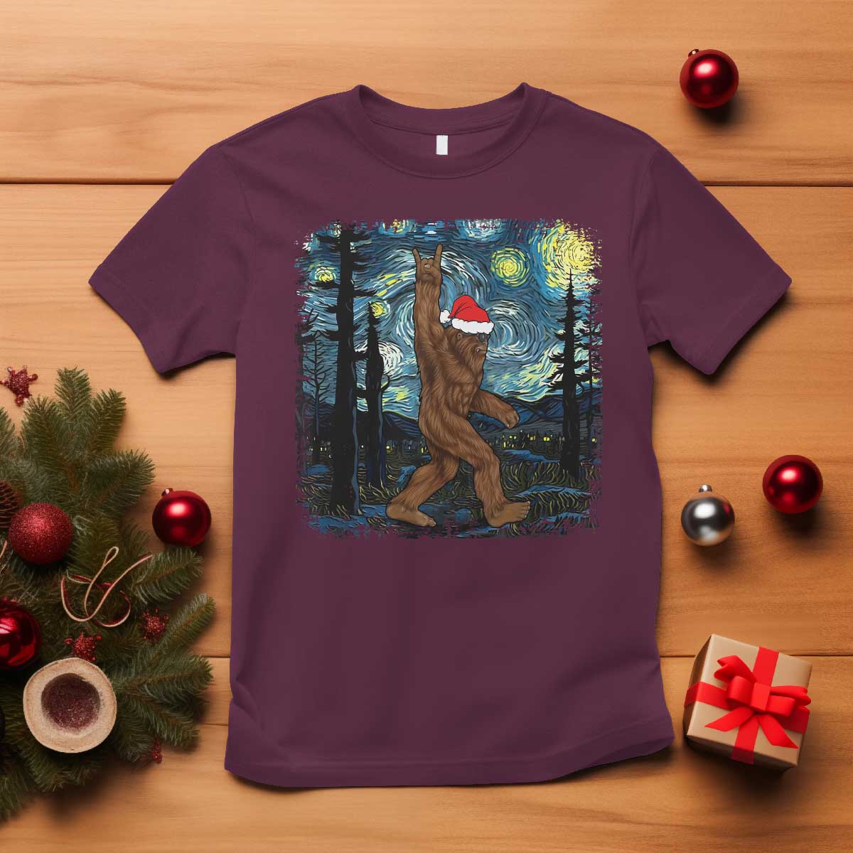 christmas-bigfoot-starry-night-t-shirt-sasquatch-santa-hat-sasquatch-van-gogh-sky-painting-art