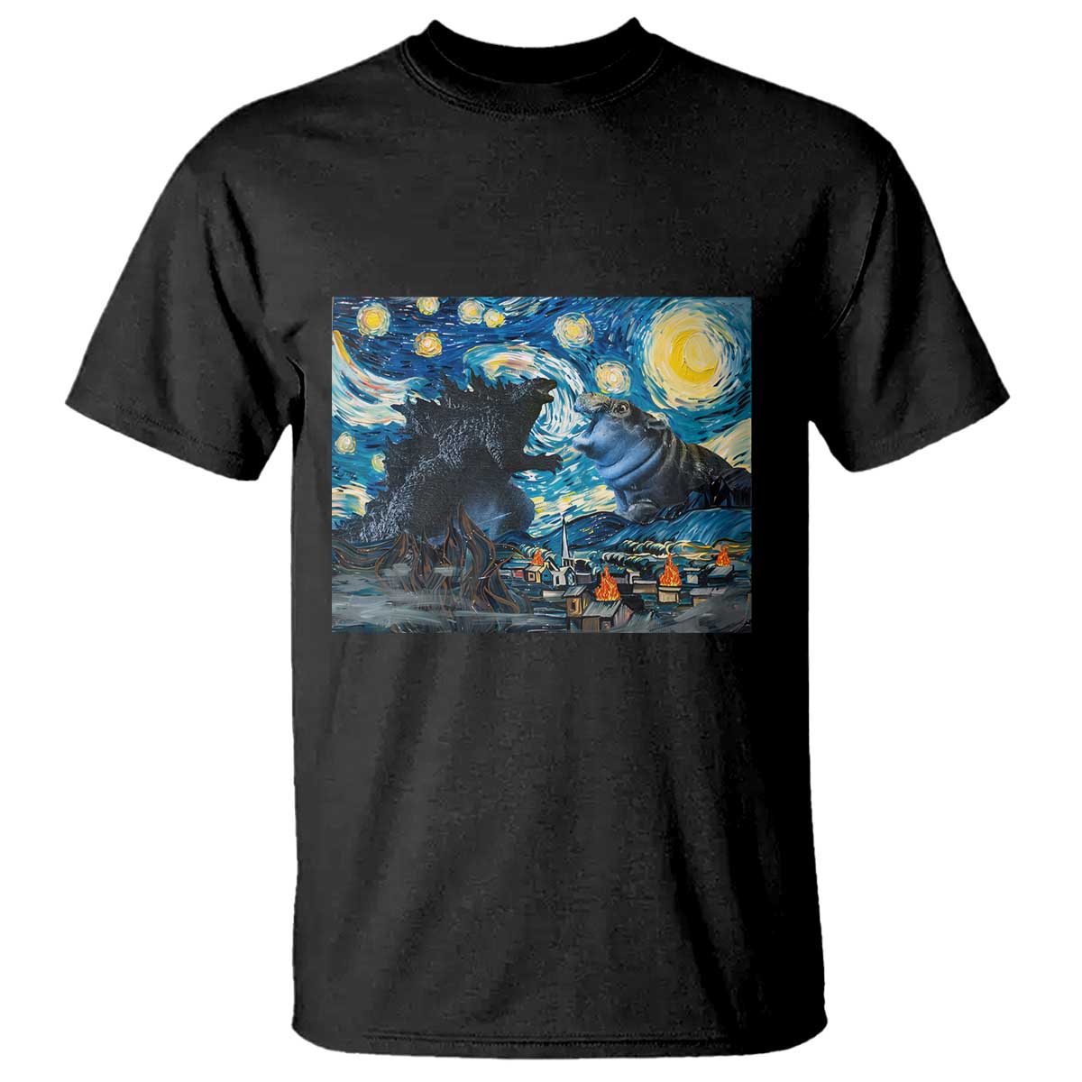 godzilla-versus-moo-deng-t-shirt-vintage-van-gogh-starry-night