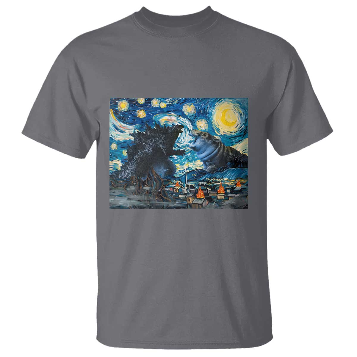 godzilla-versus-moo-deng-t-shirt-vintage-van-gogh-starry-night