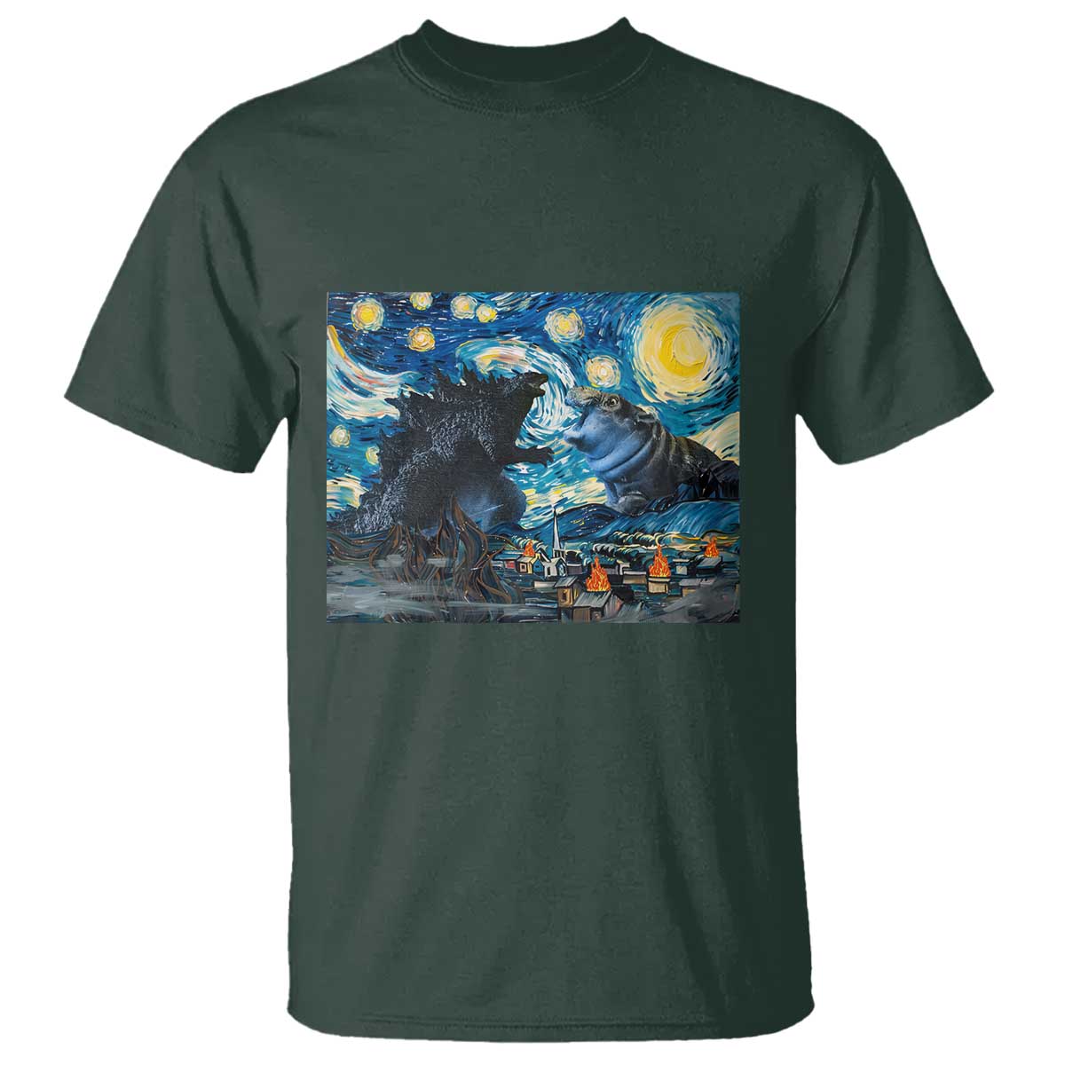 godzilla-versus-moo-deng-t-shirt-vintage-van-gogh-starry-night