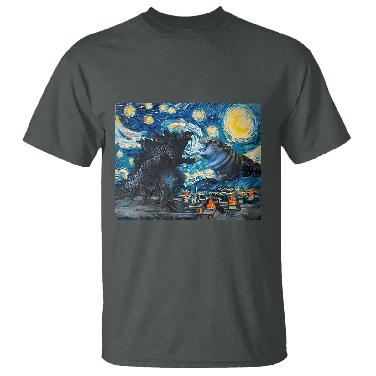 godzilla-versus-moo-deng-t-shirt-vintage-van-gogh-starry-night