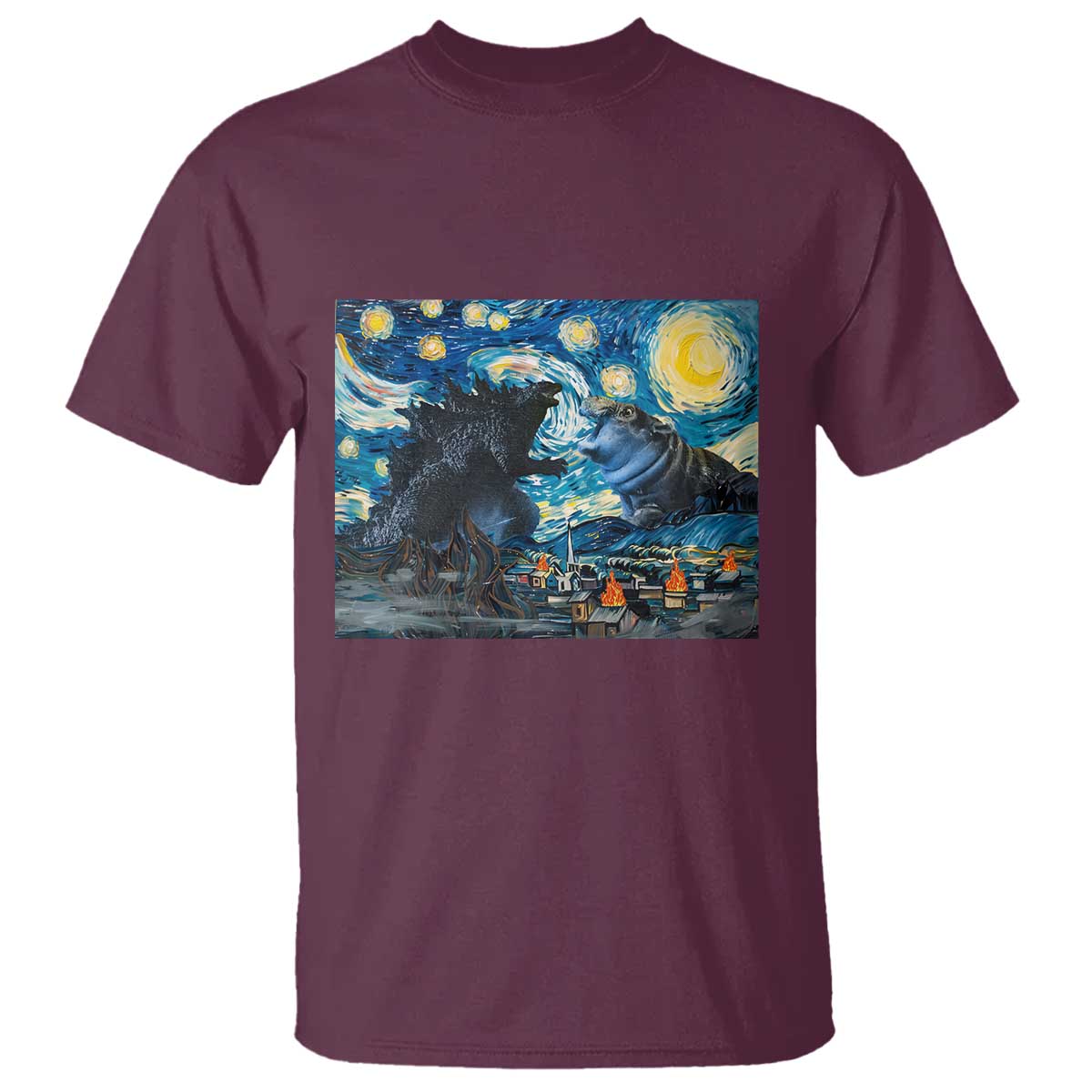 godzilla-versus-moo-deng-t-shirt-vintage-van-gogh-starry-night