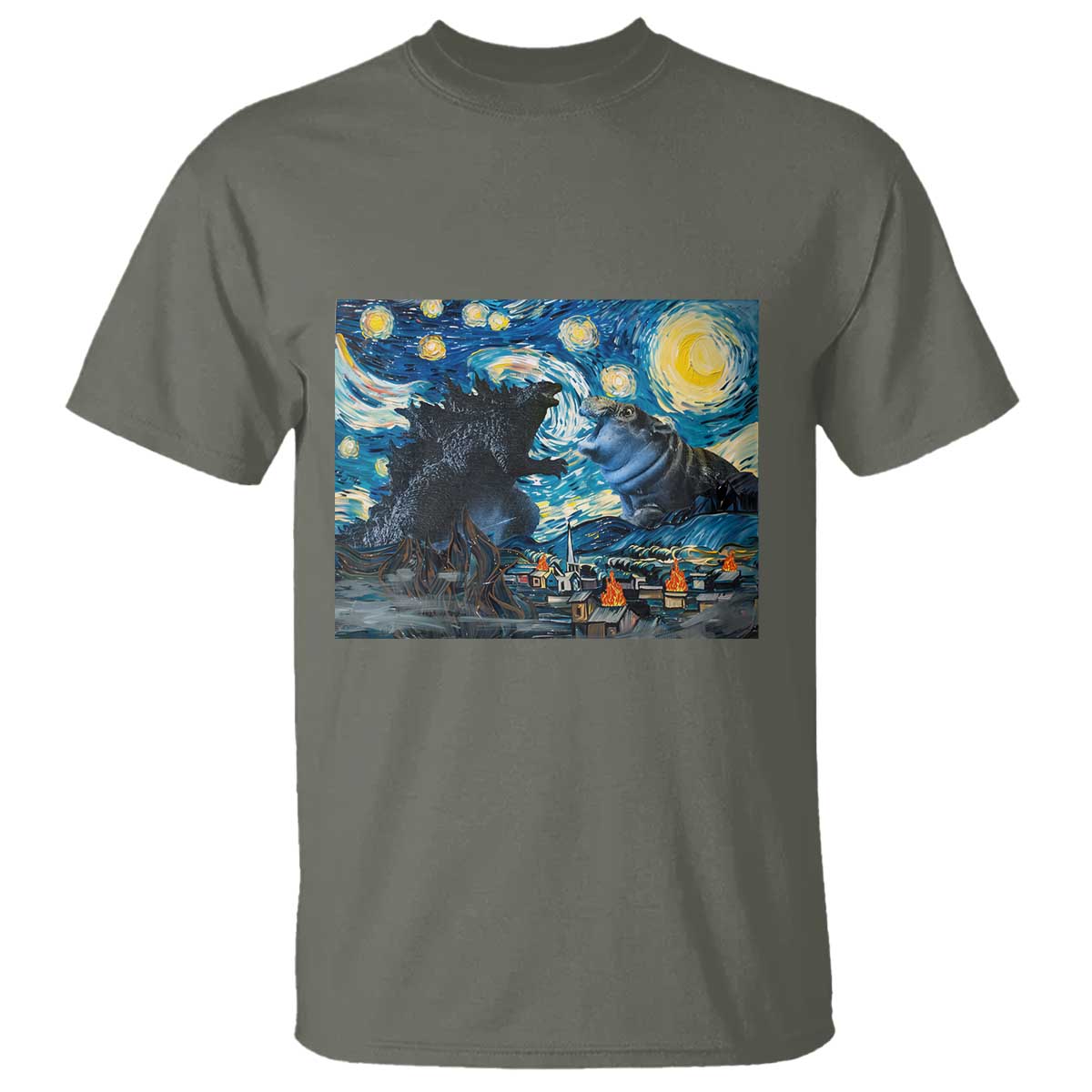 godzilla-versus-moo-deng-t-shirt-vintage-van-gogh-starry-night