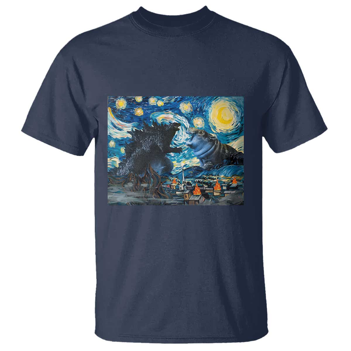 godzilla-versus-moo-deng-t-shirt-vintage-van-gogh-starry-night