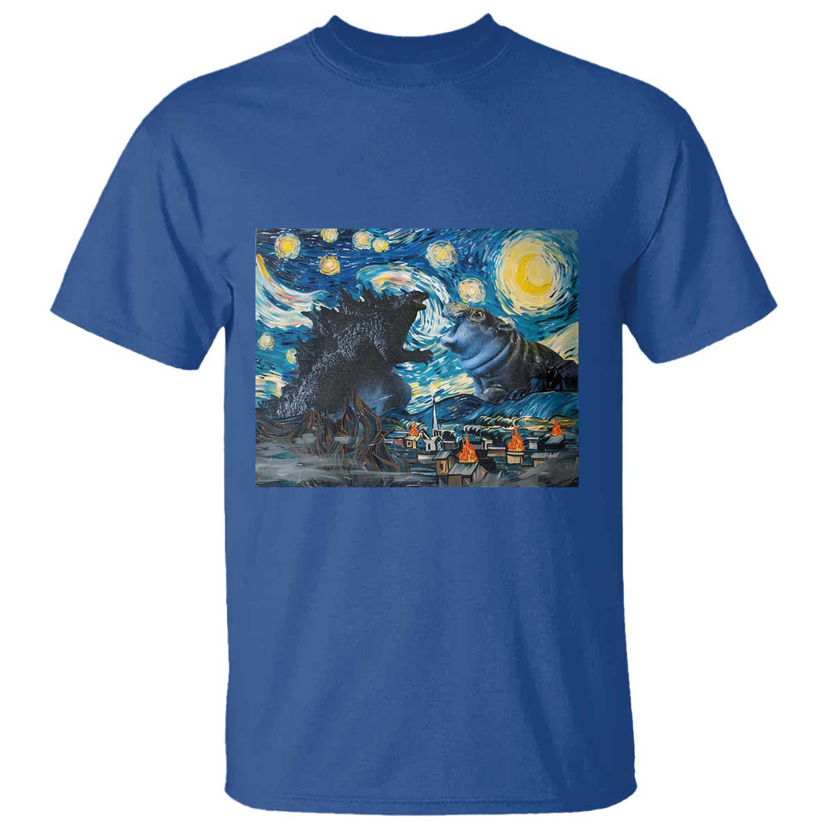 godzilla-versus-moo-deng-t-shirt-vintage-van-gogh-starry-night