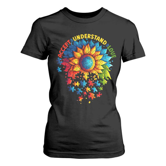 Autism Acceptance Sunflower Puzzle T Shirt For Women Accept Understand Love ASD