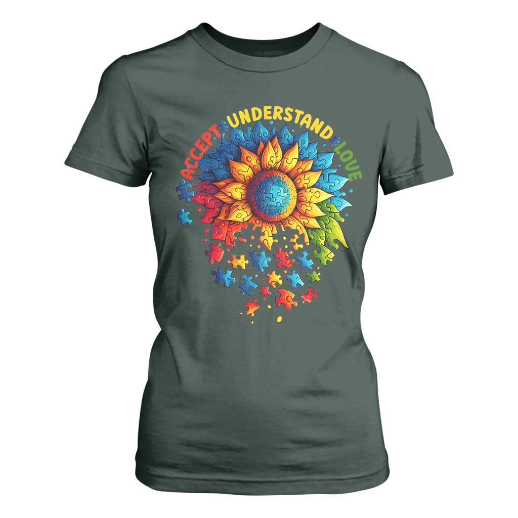 Autism Acceptance Sunflower Puzzle T Shirt For Women Accept Understand Love ASD