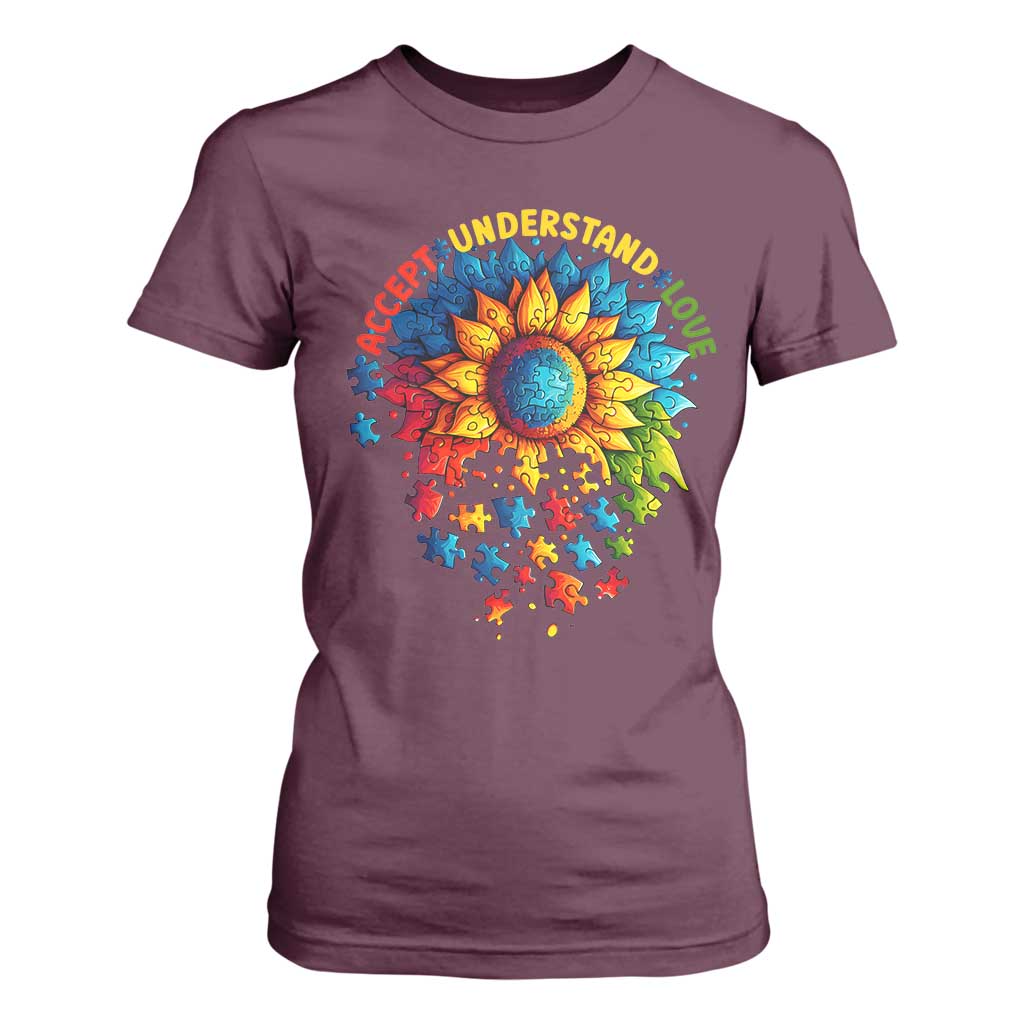 Autism Acceptance Sunflower Puzzle T Shirt For Women Accept Understand Love ASD
