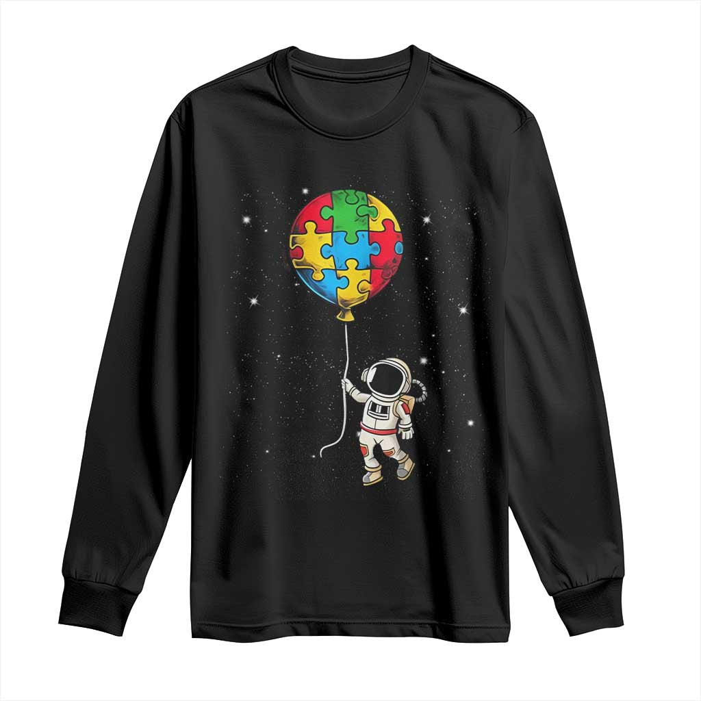 Autism Support Astronaut Long Sleeve Shirt Puzzle Pieces Balloon Space Autistic