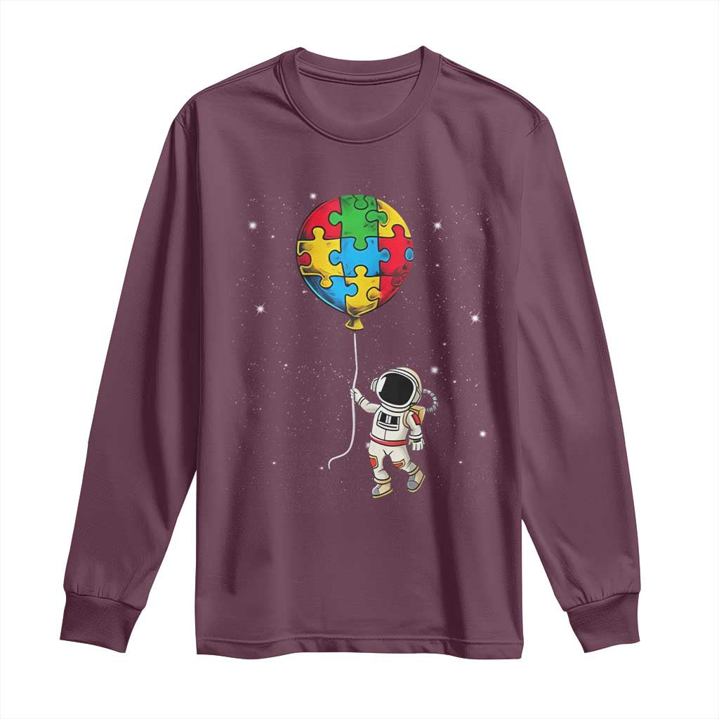 Autism Support Astronaut Long Sleeve Shirt Puzzle Pieces Balloon Space Autistic