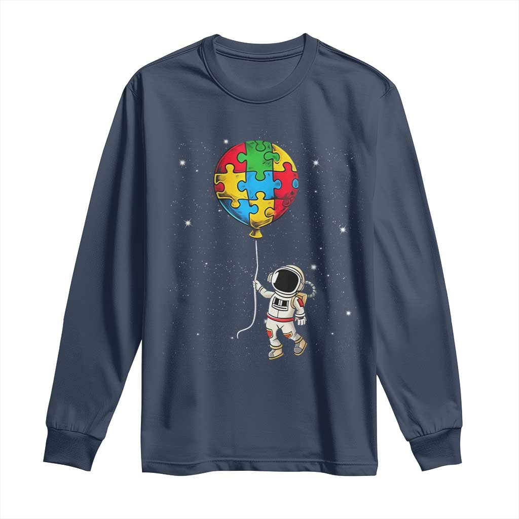 Autism Support Astronaut Long Sleeve Shirt Puzzle Pieces Balloon Space Autistic