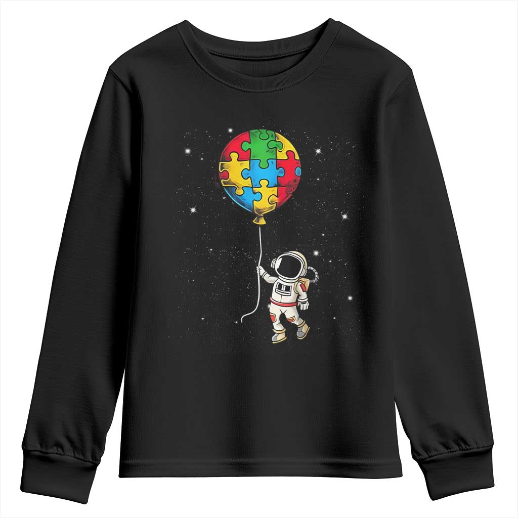 Autism Support Astronaut Youth Sweatshirt Puzzle Pieces Balloon Space Autistic