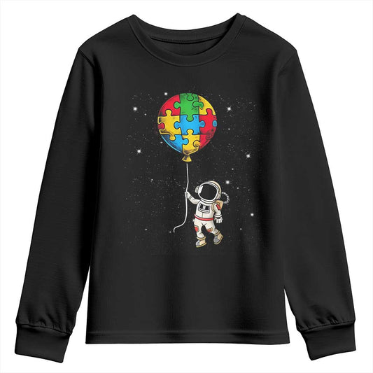 Autism Support Astronaut Youth Sweatshirt Puzzle Pieces Balloon Space Autistic