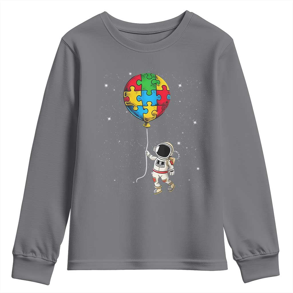 Autism Support Astronaut Youth Sweatshirt Puzzle Pieces Balloon Space Autistic