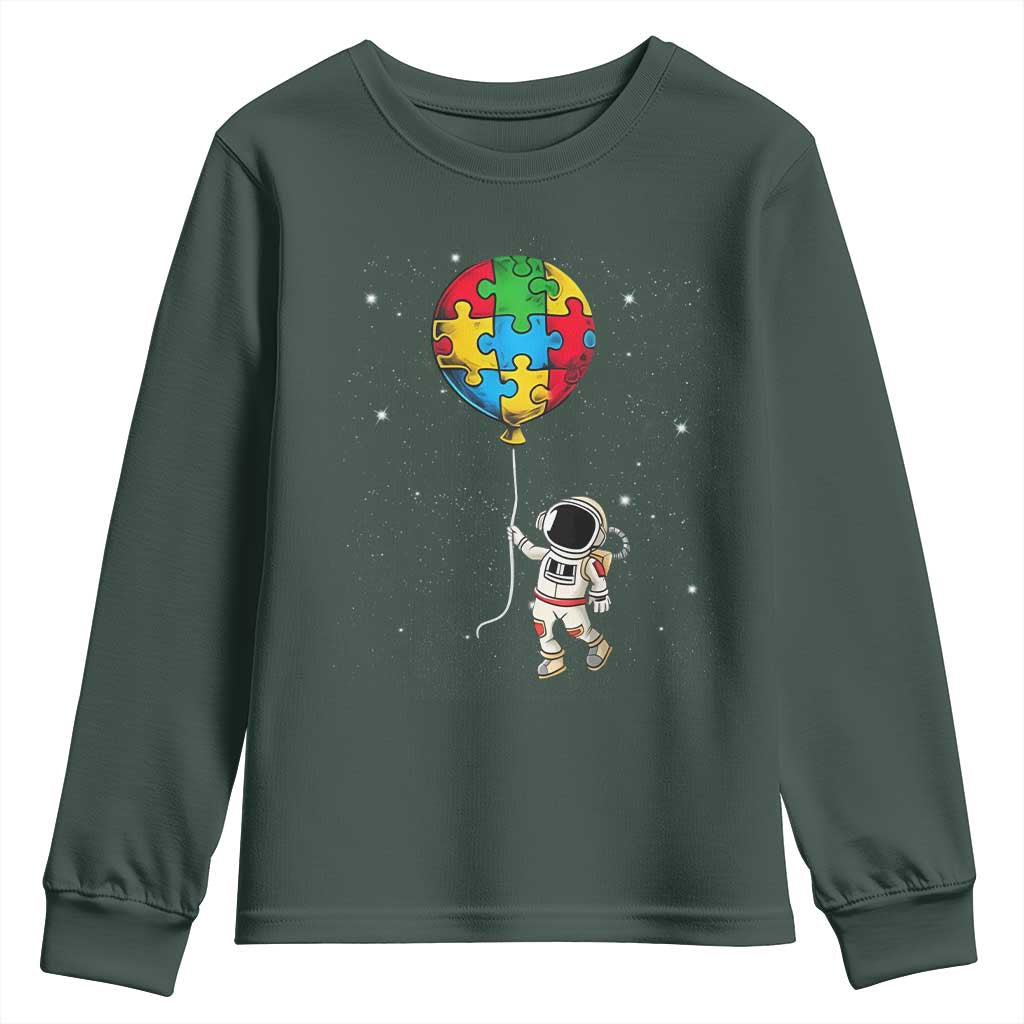 Autism Support Astronaut Youth Sweatshirt Puzzle Pieces Balloon Space Autistic