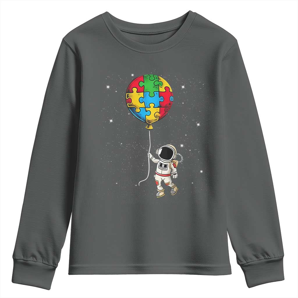 Autism Support Astronaut Youth Sweatshirt Puzzle Pieces Balloon Space Autistic