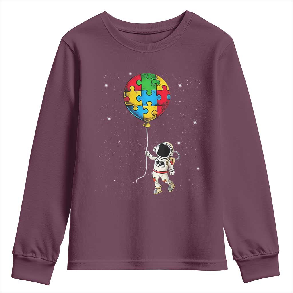 Autism Support Astronaut Youth Sweatshirt Puzzle Pieces Balloon Space Autistic