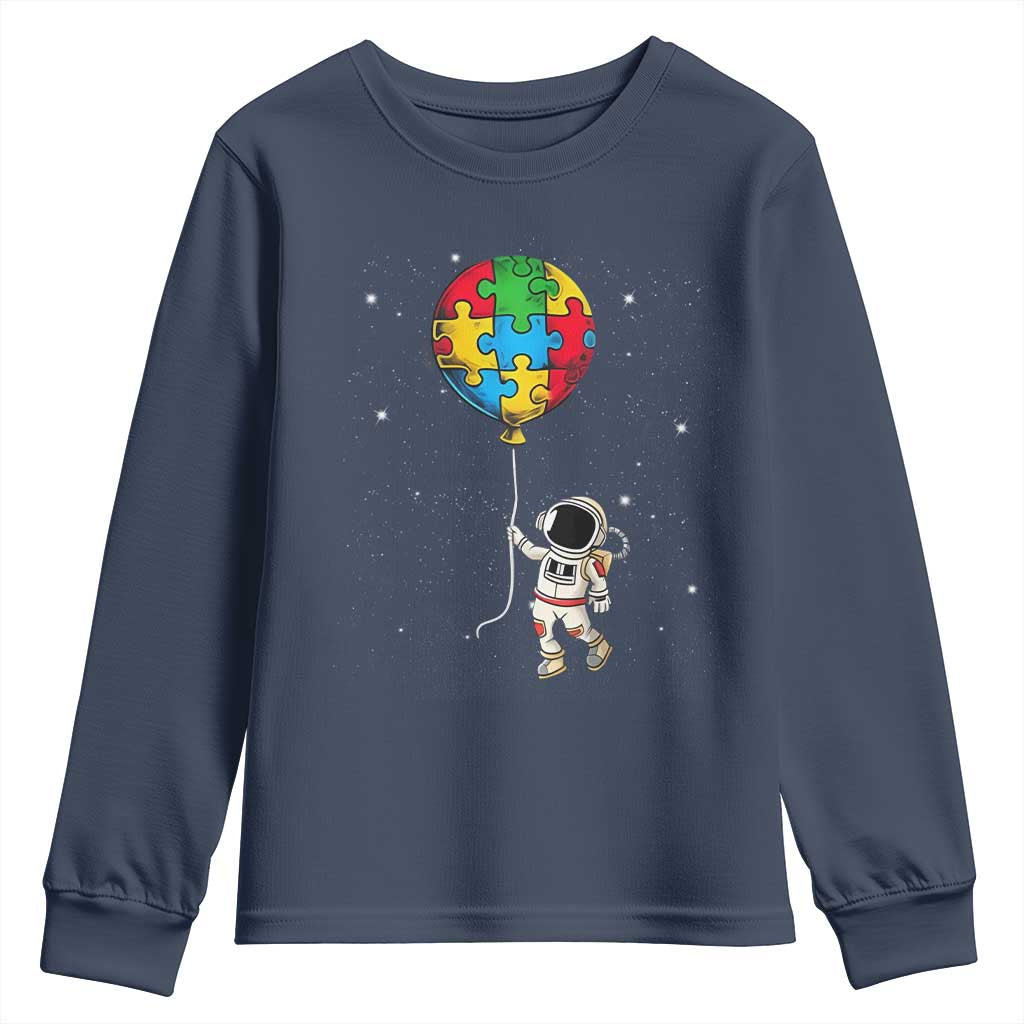 Autism Support Astronaut Youth Sweatshirt Puzzle Pieces Balloon Space Autistic