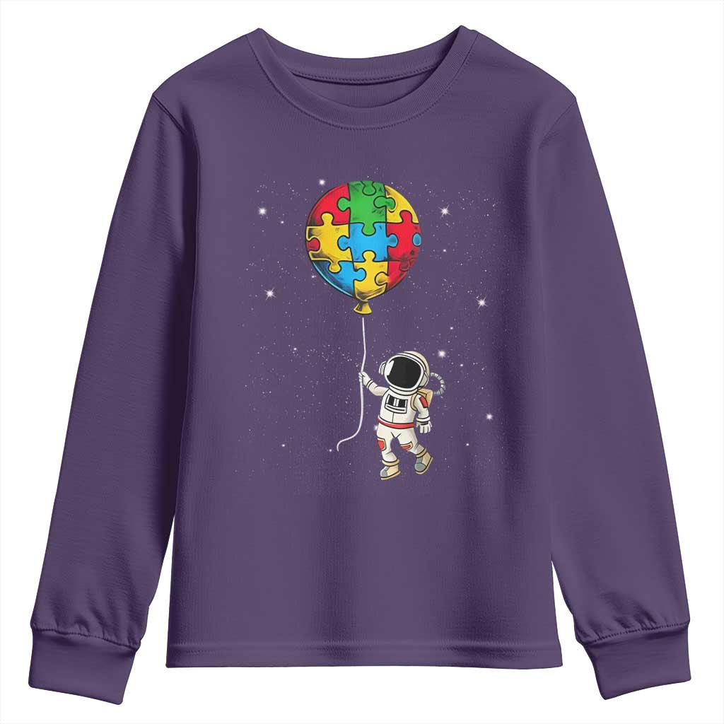 Autism Support Astronaut Youth Sweatshirt Puzzle Pieces Balloon Space Autistic