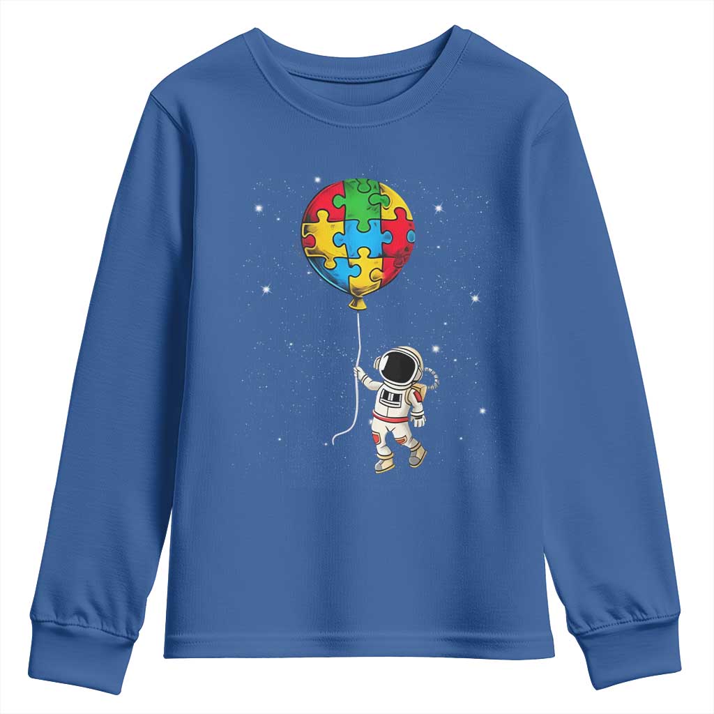 Autism Support Astronaut Youth Sweatshirt Puzzle Pieces Balloon Space Autistic