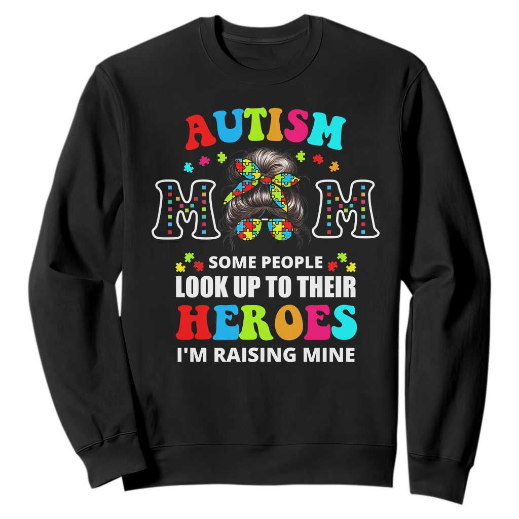 Autism Mom Sweatshirt Raising Hero Messy Bun Autism Support