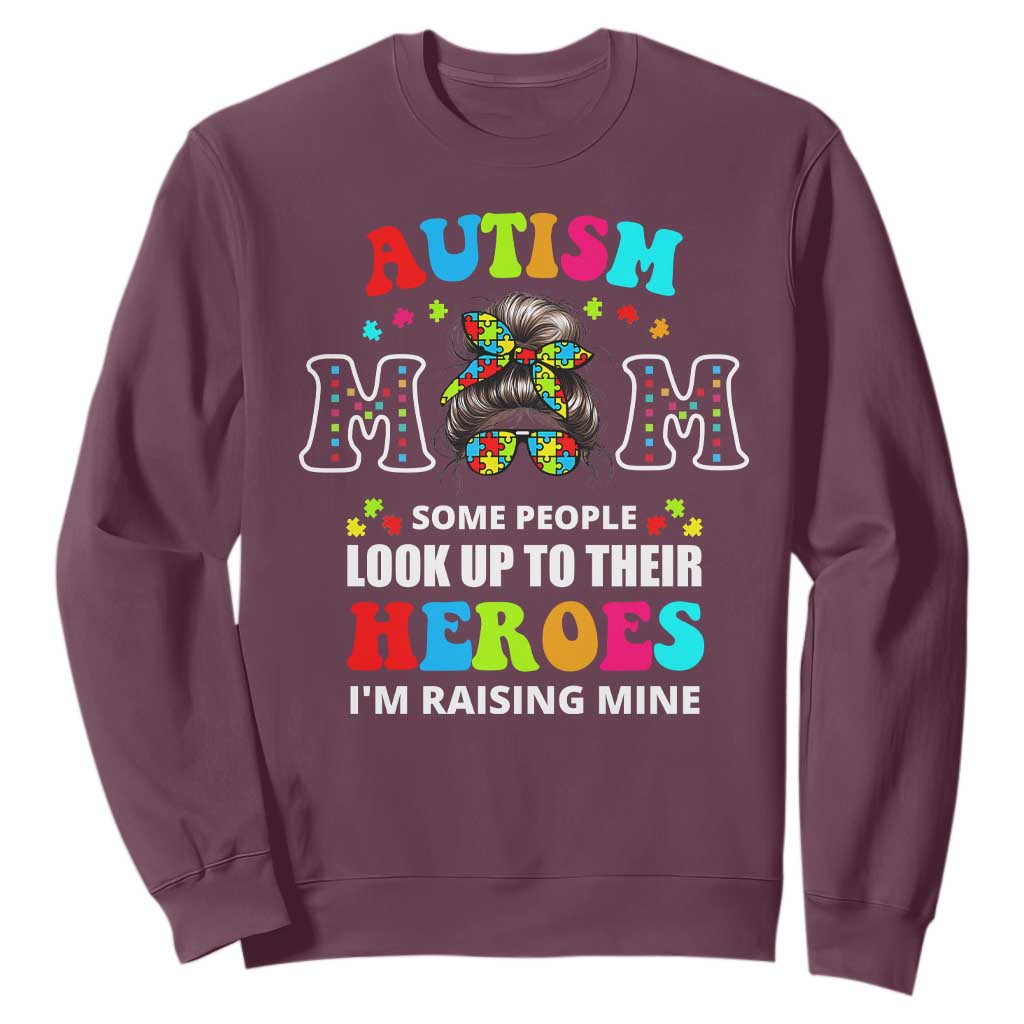 Autism Mom Sweatshirt Raising Hero Messy Bun Autism Support