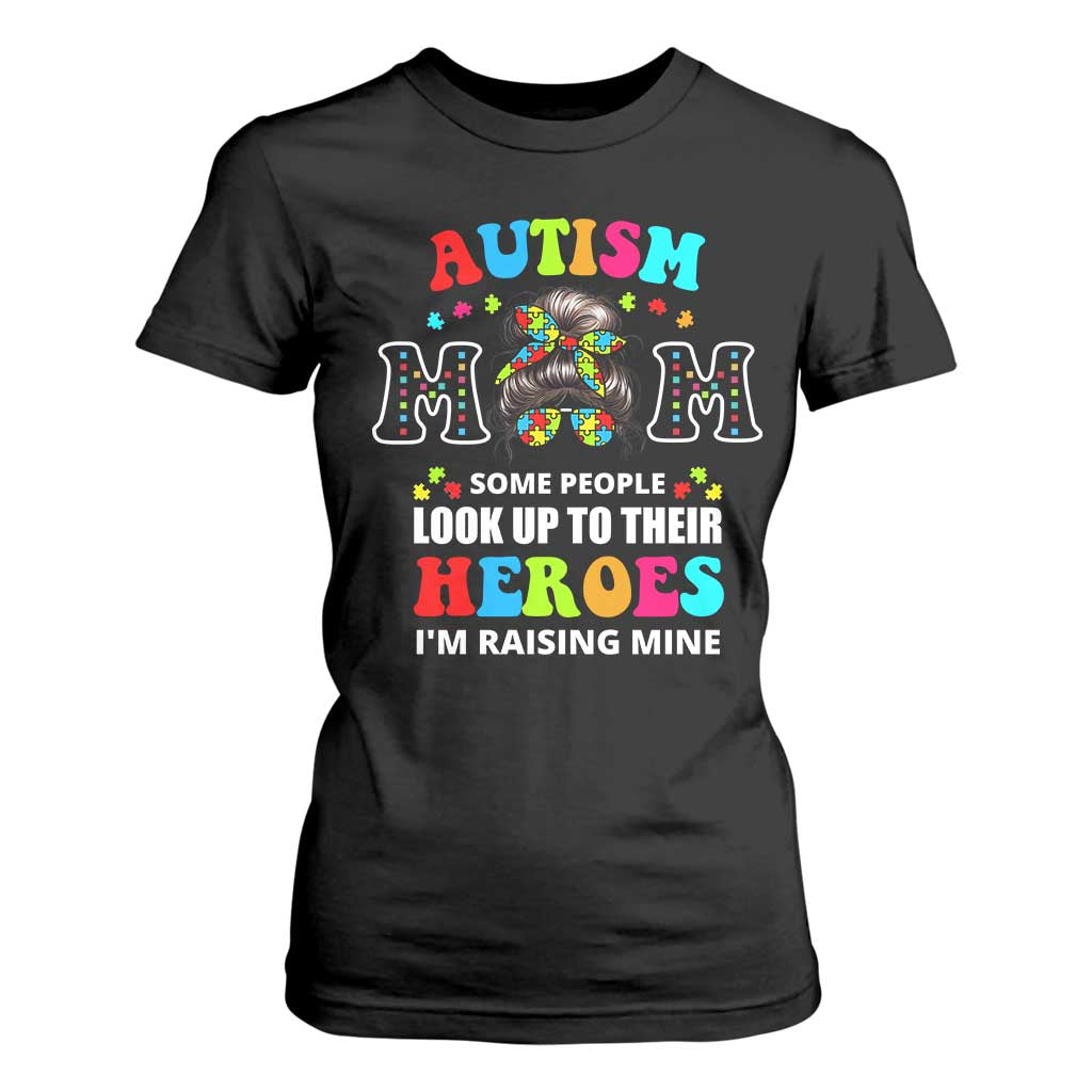 Autism Mom T Shirt For Women Raising Hero Messy Bun Autism Support
