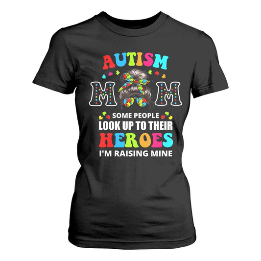 Autism Mom T Shirt For Women Raising Hero Messy Bun Autism Support