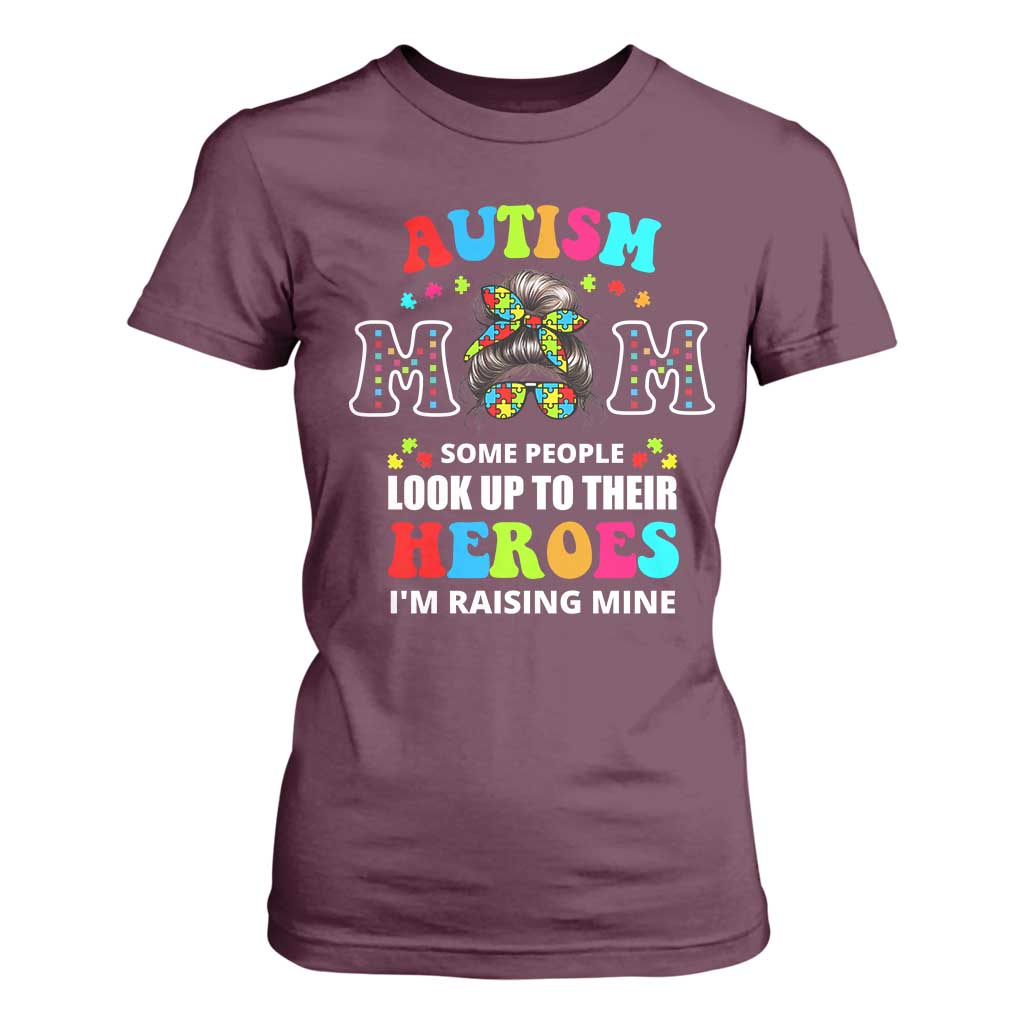 Autism Mom T Shirt For Women Raising Hero Messy Bun Autism Support