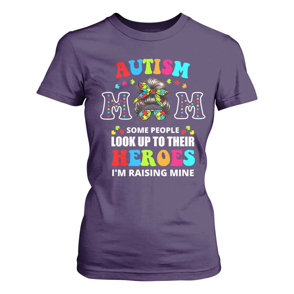 Autism Mom T Shirt For Women Raising Hero Messy Bun Autism Support