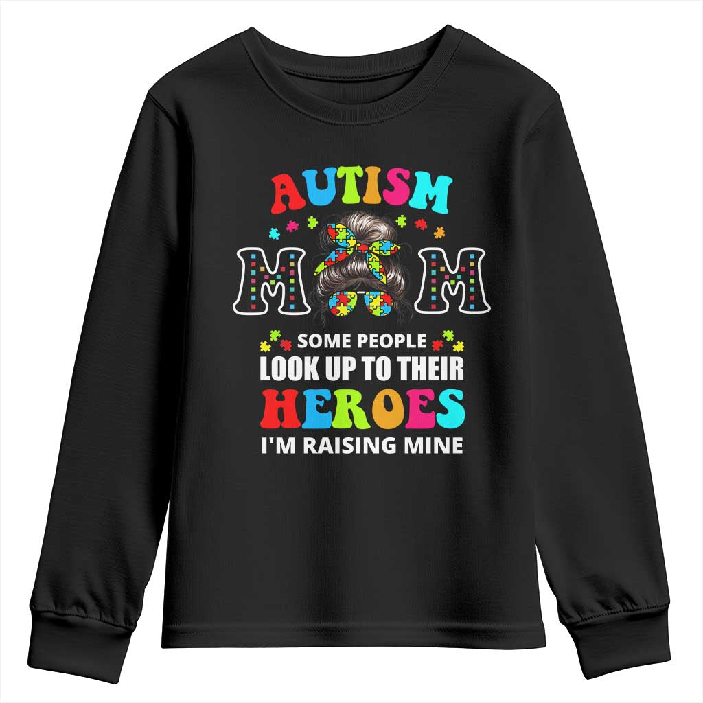 Autism Mom Youth Sweatshirt Raising Hero Messy Bun Autism Support