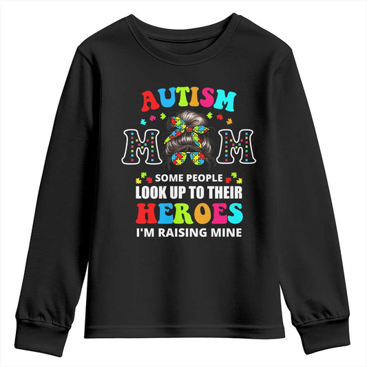 Autism Mom Youth Sweatshirt Raising Hero Messy Bun Autism Support
