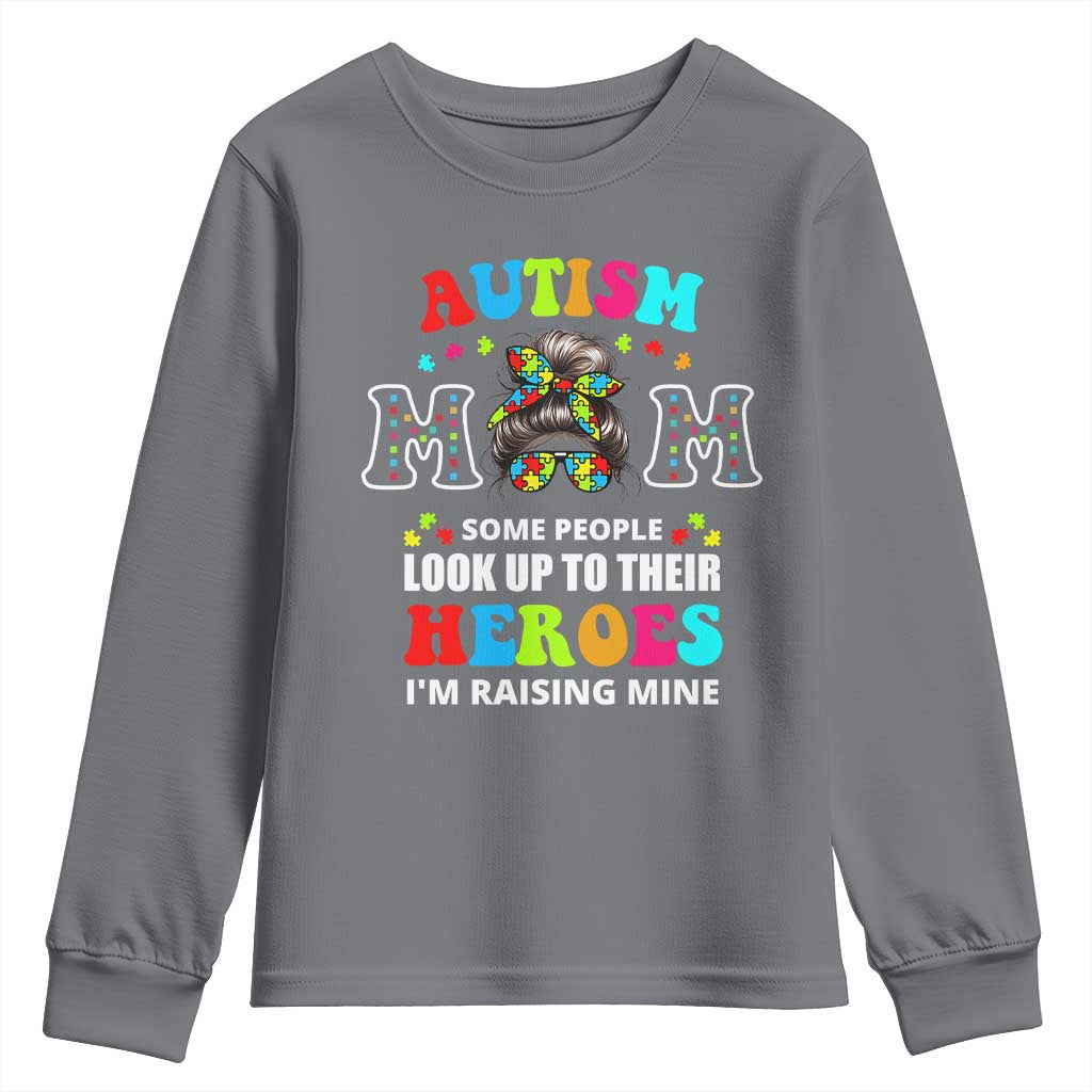 Autism Mom Youth Sweatshirt Raising Hero Messy Bun Autism Support