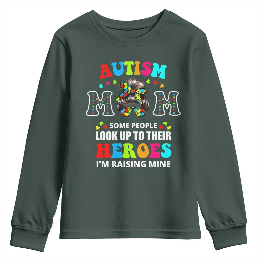 Autism Mom Youth Sweatshirt Raising Hero Messy Bun Autism Support