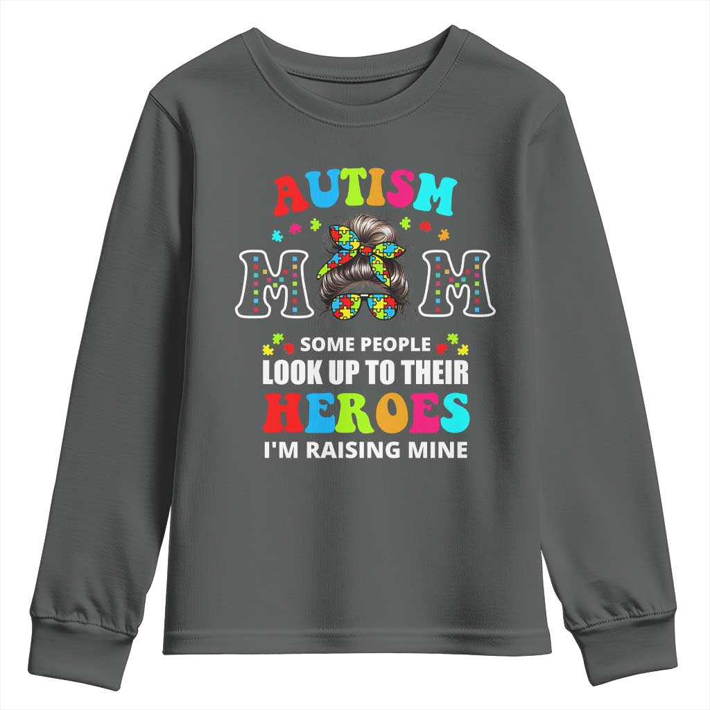 Autism Mom Youth Sweatshirt Raising Hero Messy Bun Autism Support