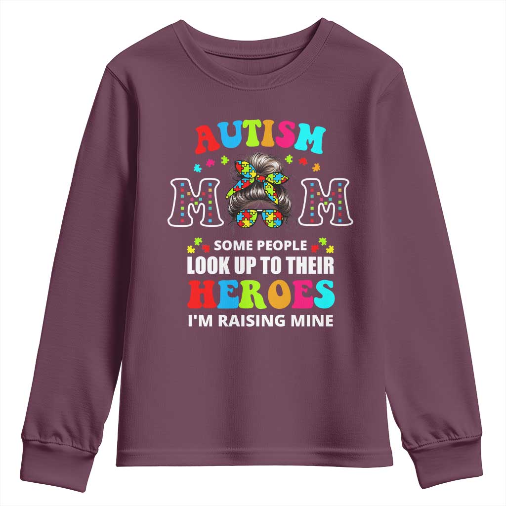 Autism Mom Youth Sweatshirt Raising Hero Messy Bun Autism Support
