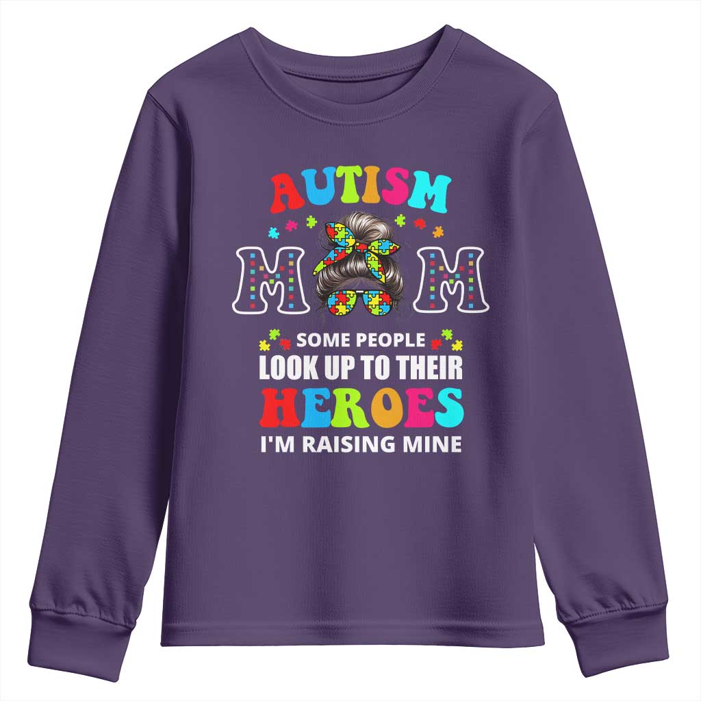 Autism Mom Youth Sweatshirt Raising Hero Messy Bun Autism Support