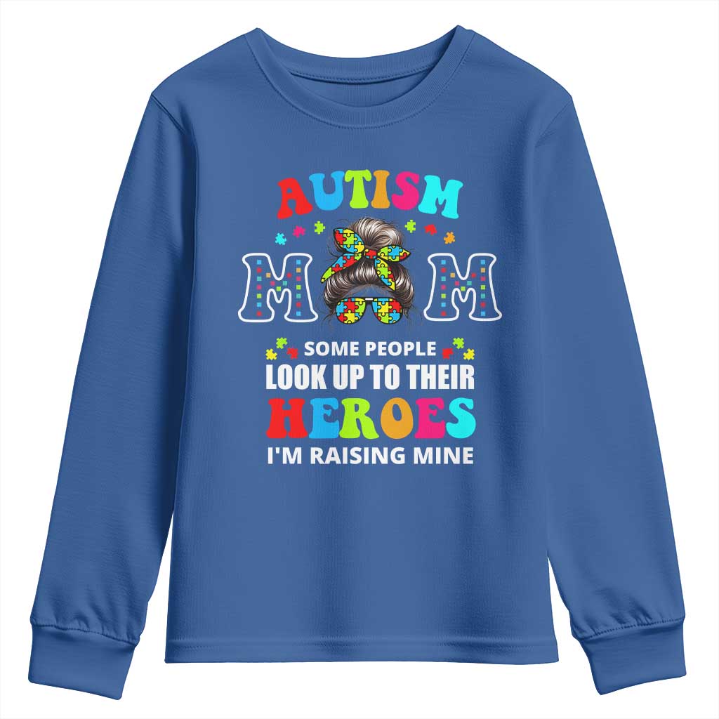 Autism Mom Youth Sweatshirt Raising Hero Messy Bun Autism Support