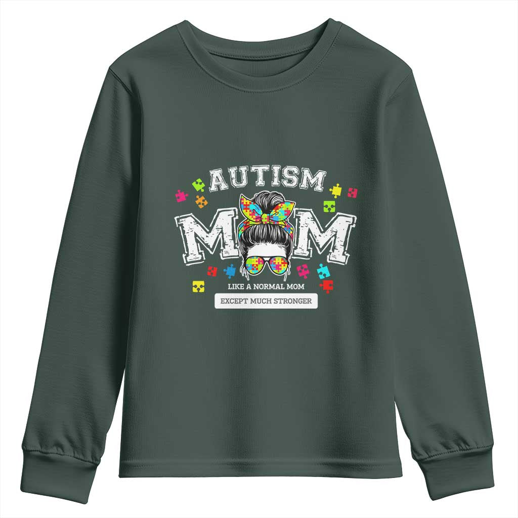 Autism Mom Youth Sweatshirt Much Stronger Messy Bun ASD Autism Support