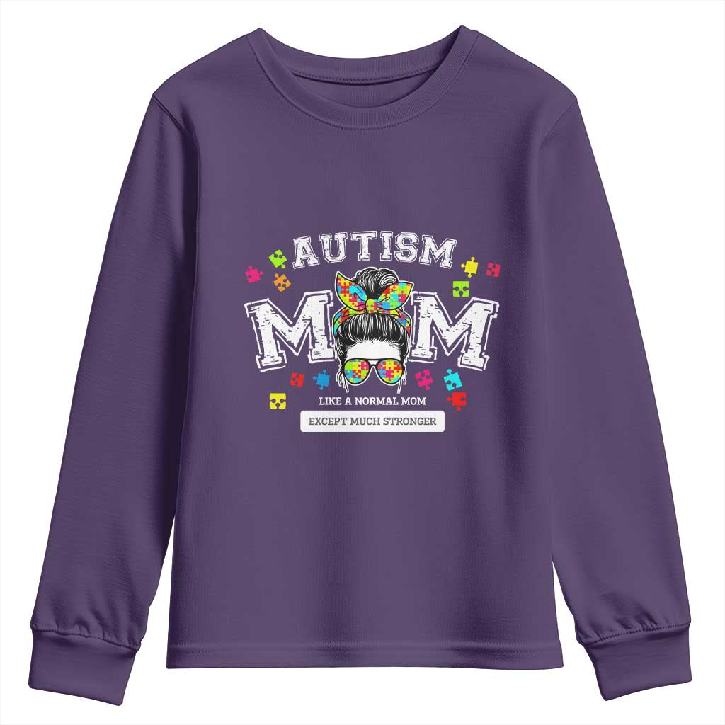 Autism Mom Youth Sweatshirt Much Stronger Messy Bun ASD Autism Support
