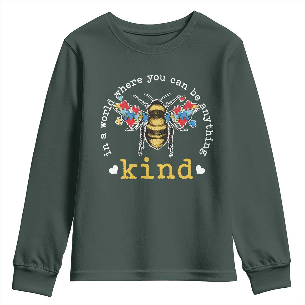 Autism Support Youth Sweatshirt In A World Where You Can Be Anything Bee Kind Puzzle Pieces
