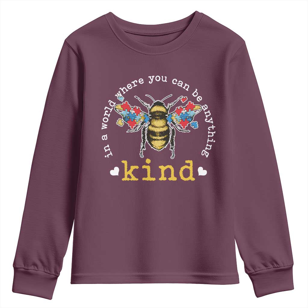 Autism Support Youth Sweatshirt In A World Where You Can Be Anything Bee Kind Puzzle Pieces