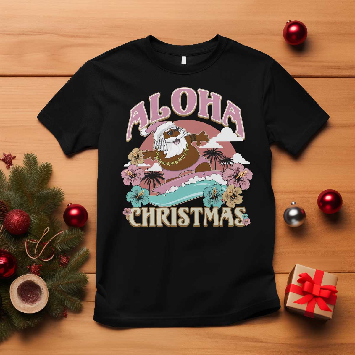 hawaii-christmas-t-shirt-retro-african-american-surfing-santa-with-tattoos-aloha-christmas