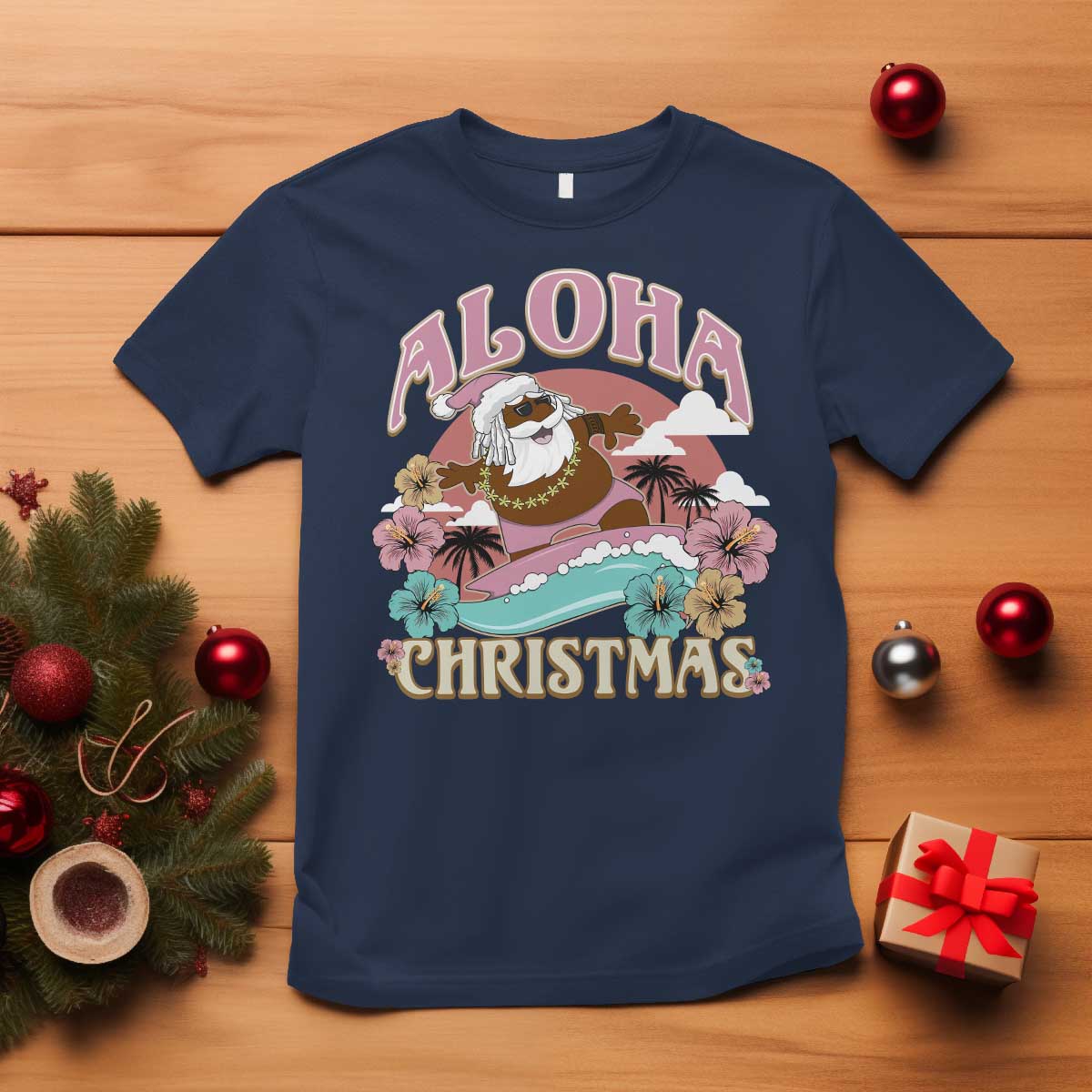 hawaii-christmas-t-shirt-retro-african-american-surfing-santa-with-tattoos-aloha-christmas