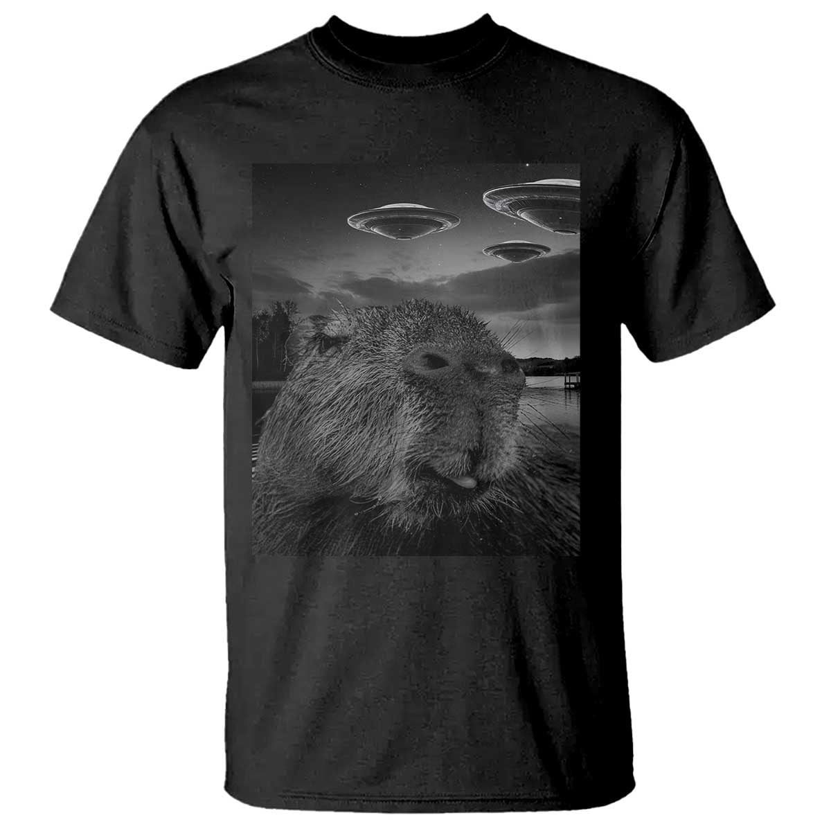 funny-graphic-capybara-selfie-with-ufos-weird-t-shirt