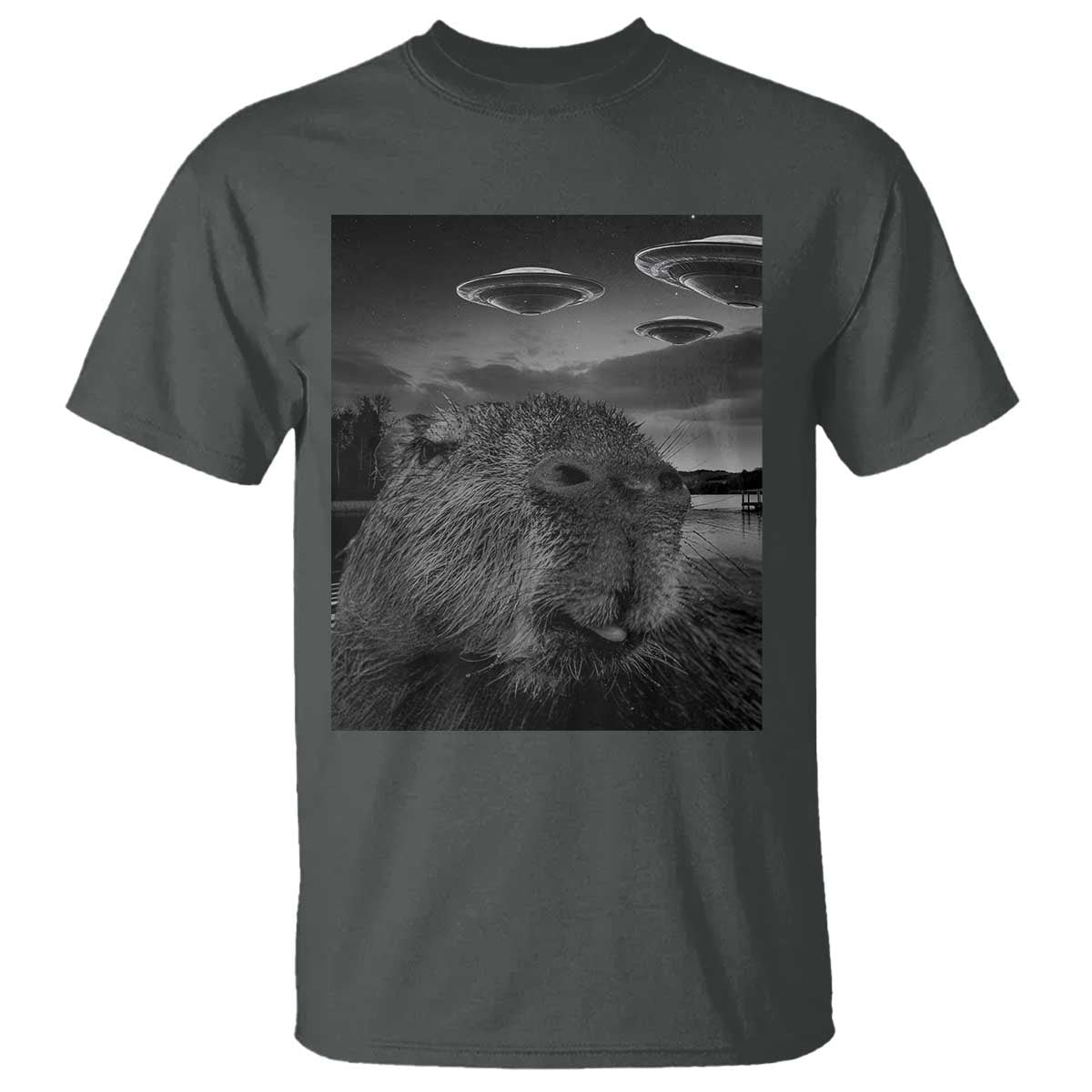 funny-graphic-capybara-selfie-with-ufos-weird-t-shirt